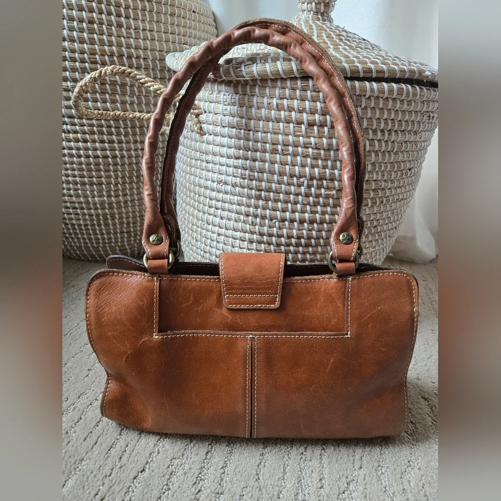 Patricia Nash Rienzo Satchel Handbag Full Grain Cognac Leather Vintage Style - Picture 4 of 16